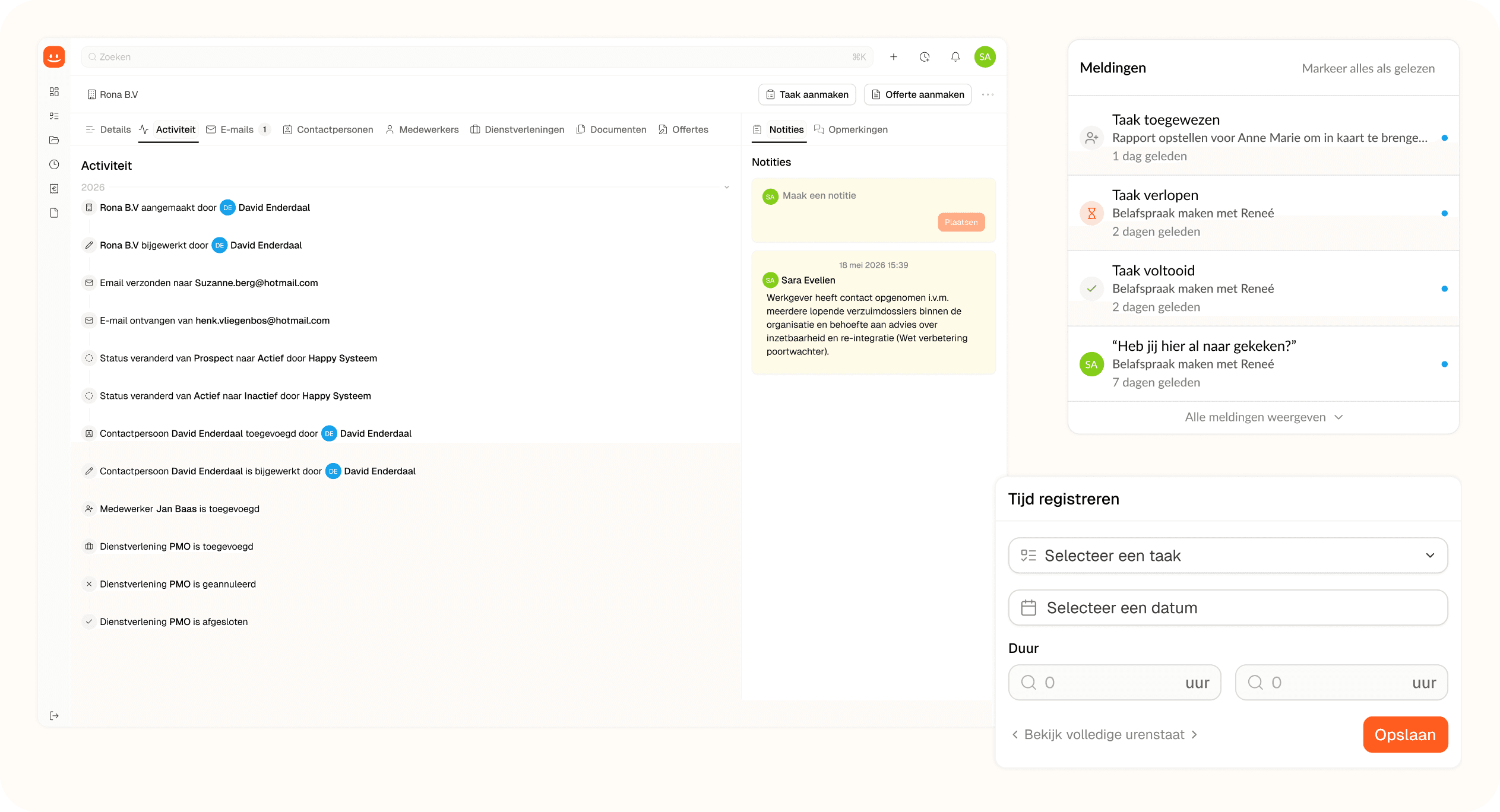 Happy activity timeline on the dossier beside a mobile view of the same case