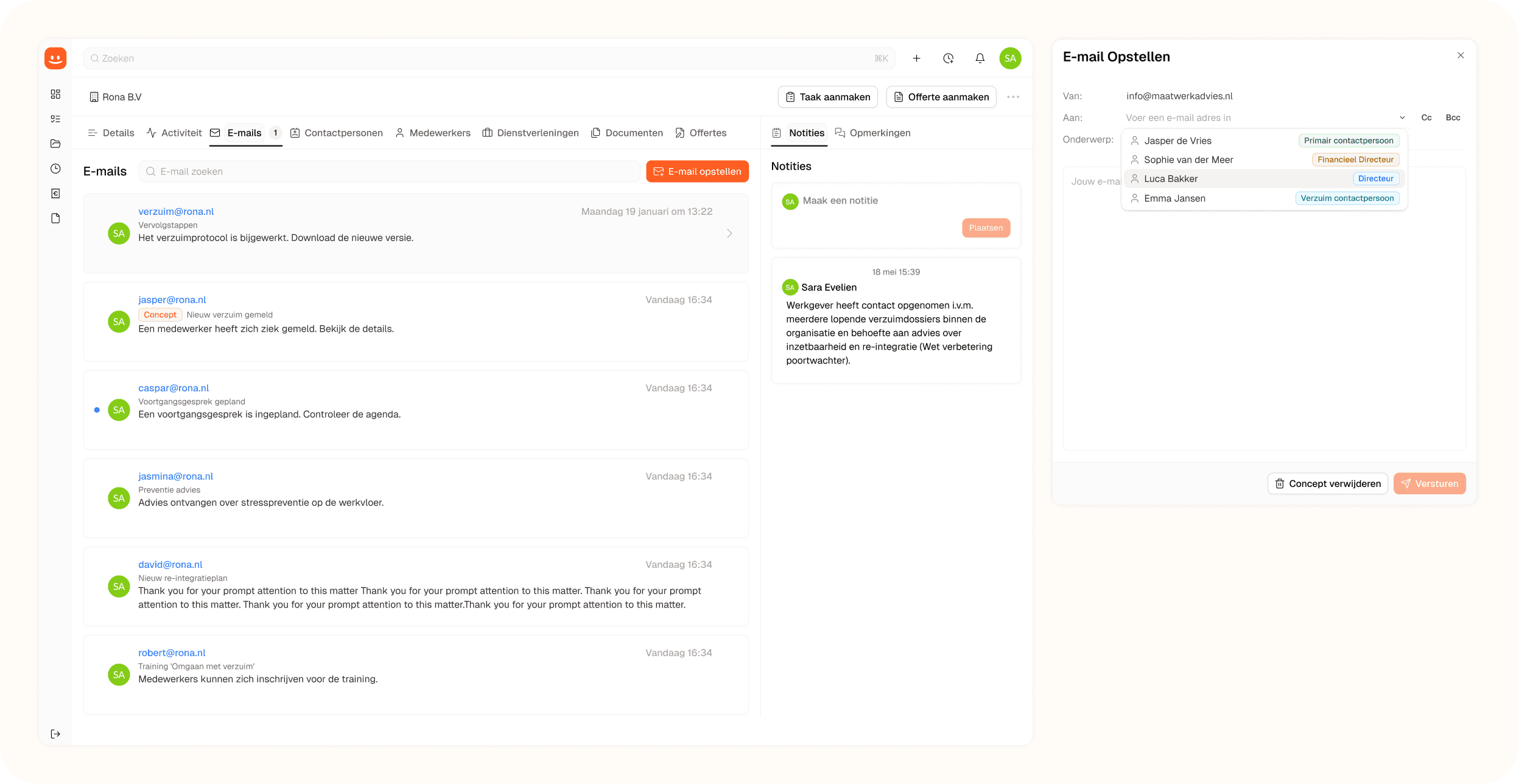 Happy dossier overview with the case, client details, and related email on one surface